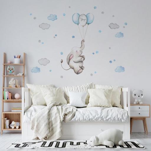 VINILO INFANTIL: Elefante con globos azules, con 7 nubes y 35 estrellas en tonos azules y grises, ideal para decorar paredes infantiles [1]