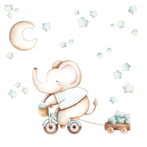 VINILO INFANTIL: Elefante en bici con carro, luna y estrellas azules, personalizado con nombre del bebé [3]