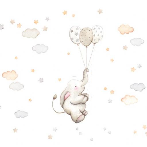 VINILO INFANTIL: Elefante con globos en tonos grises y beige, con nubes y estrellas en tonos neutros [4]