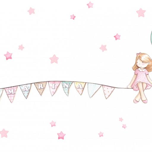 VINILO INFANTIL: Niña con guirnalda personalizada con nombre y estrellas rosas, en tonos muy suaves, 1,60 m.  de ancho [4]