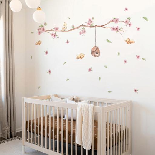 VINILO INFANTIL: Rama de cerezo con flores, hojas, pajaritos y casita de pájaros personalizada [2]