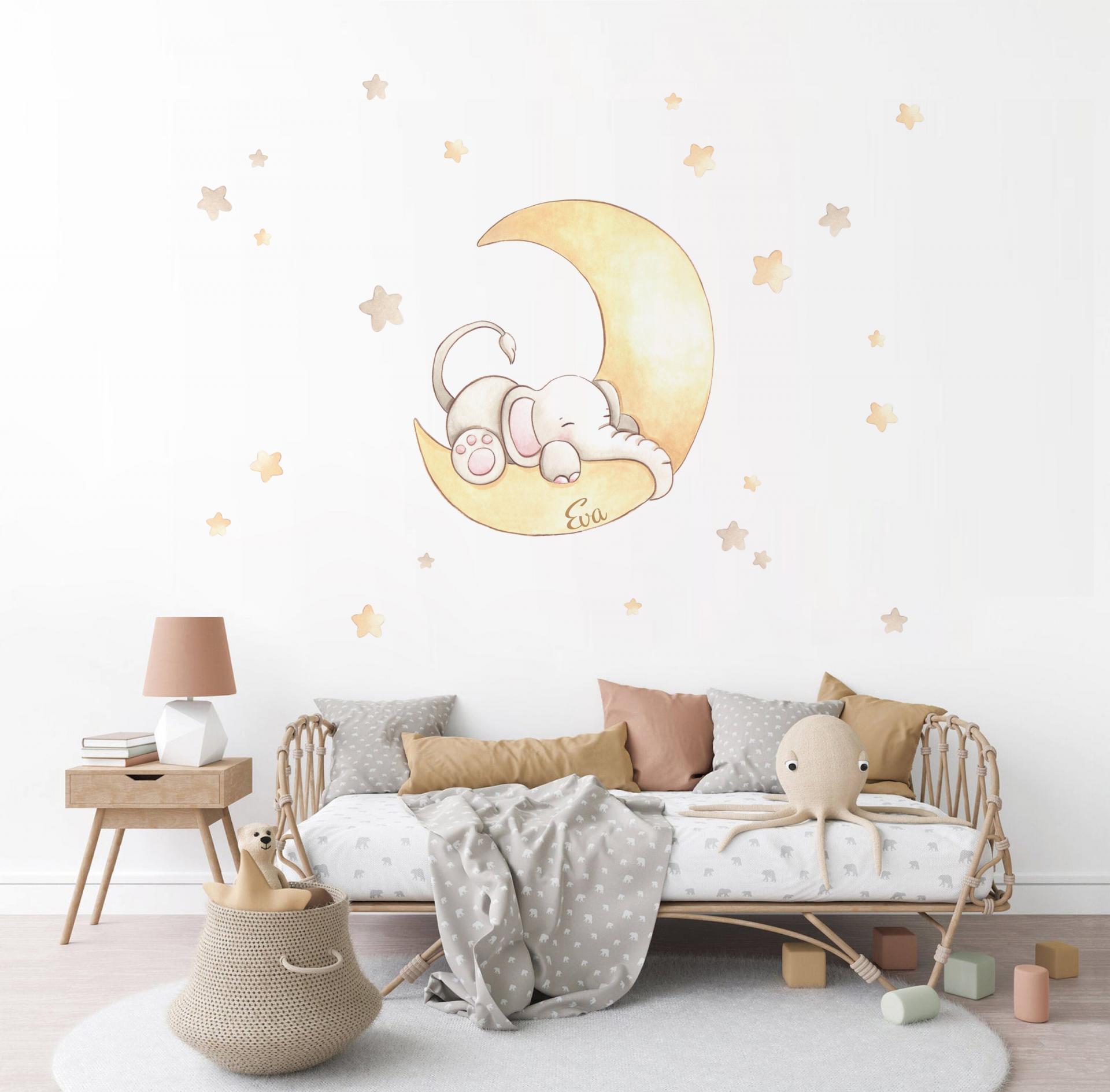 VINILO INFANTIL: elefante con luna y estrellas