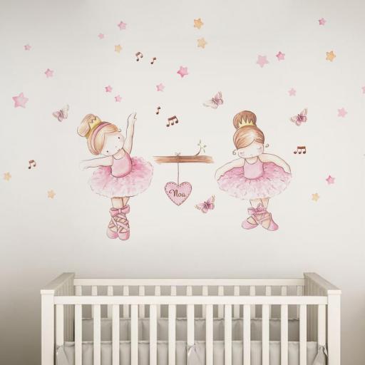 VINILO INFANTIL: Niñas bailarinas con mariposas, estrellas y notas musicales, personalizado con nombre en el corazón. Vinilos para bebés niñas. Pegatinas de pared Bailarinas [4]