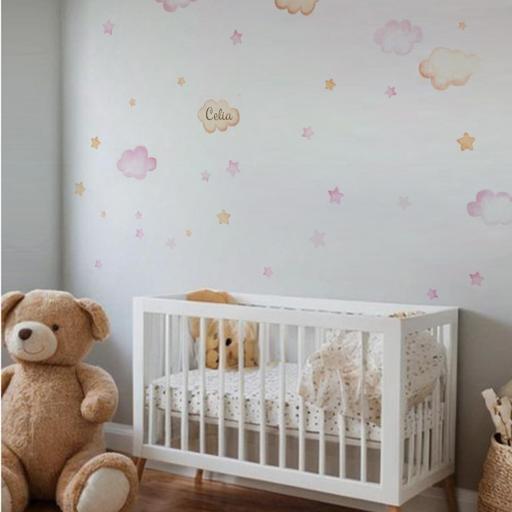VINILO INFANTIL: Nubes y estrellas beige y rosa [3]