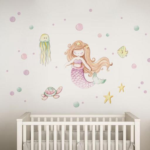 VINILO INFANTIL: Sirena con medusa, tortuga, pez, estrellas y burbujas de colores, ideal para decorar habitaciones de niñas