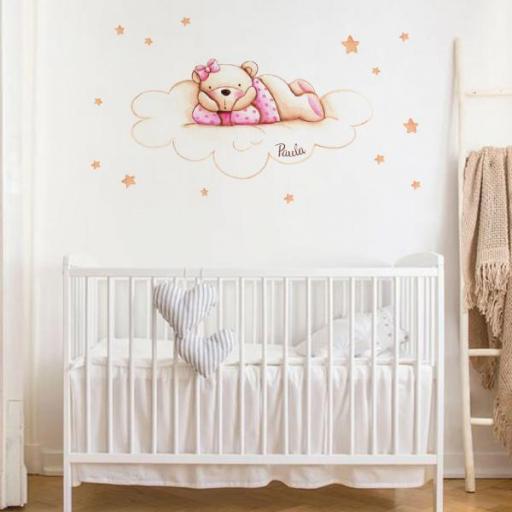 VINILO INFANTIL: Osita en nube y estrellas, vinilo de efecto pintado a mano para decorar paredes de habitaciones infantiles