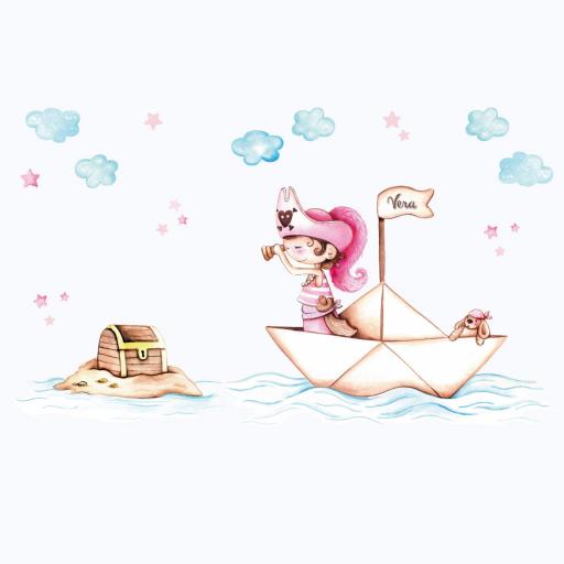Vinilo Infantil Niña Pirata en Barco con Cofre del Tesoro – Decoración de Pared Personalizada para Habitación de Niña [1]