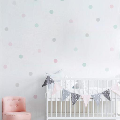 VINILO INFANTIL: topitos mint, rosa y gris. Pared de lunares en tonos pastel para decorar habitaciones de bebé niña [0]