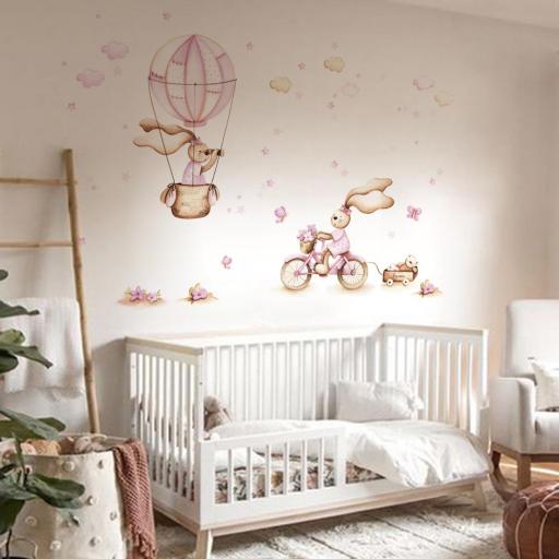 VINILO INFANTIL: Conejitas con bici y globo en tonos suaves con estrellas, nubes, flores y mariposas [2]