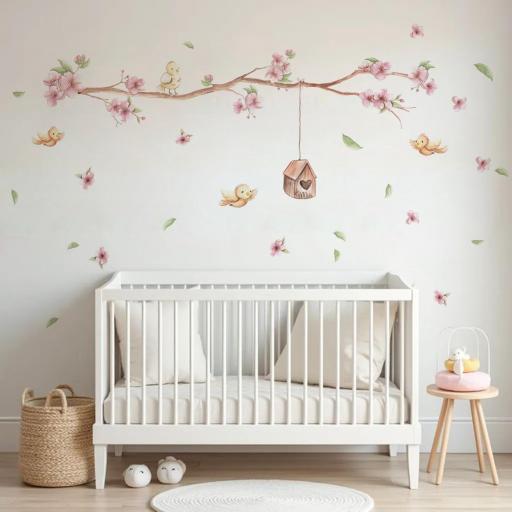 VINILO INFANTIL: Rama de cerezo con flores, hojas, pajaritos y casita de pájaros personalizada