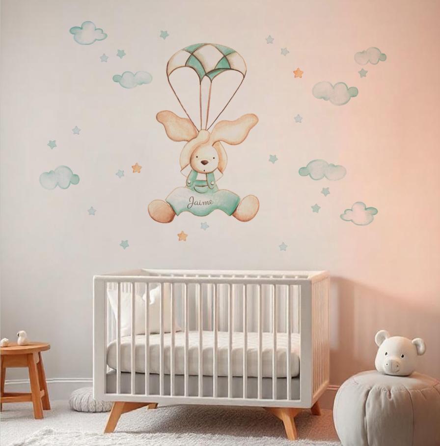 VINILO INFANTIL: Conejito con paracaídas en tonos beige y mint personalizado con nombre