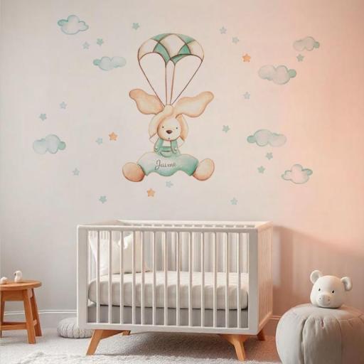 VINILO INFANTIL: Conejito con paracaídas en tonos beige y mint personalizado con nombre [0]