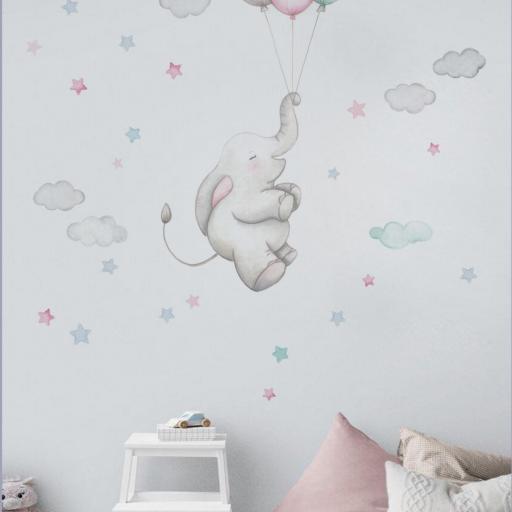 VINILO INFANTIL: Elefantita con globos, nubes y estrellas, personalizado con nombre del bebé para habitaciones infantiles de niñas [3]