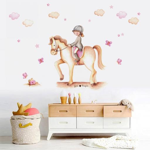 VINILO INFANTIL: Hípica, niña en caballo con flor, 6 mariposas, 6 nubes y 20 estrellas [0]
