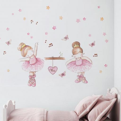 VINILO INFANTIL: Niñas bailarinas con mariposas, estrellas y notas musicales, personalizado con nombre en el corazón. Vinilos para bebés niñas. Pegatinas de pared Bailarinas [2]