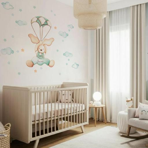 VINILO INFANTIL: Conejito con paracaídas en tonos beige y mint personalizado con nombre [1]