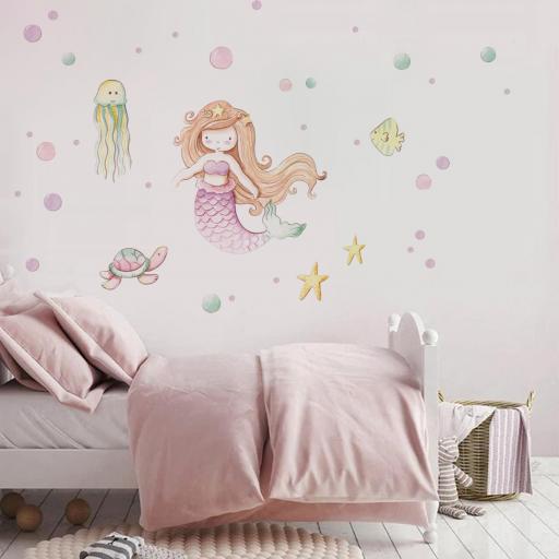 VINILO INFANTIL: Sirena con medusa, tortuga, pez, estrellas y burbujas de colores, ideal para decorar habitaciones de niñas