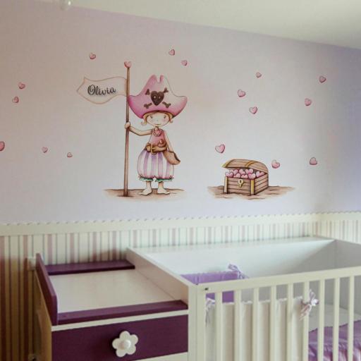 Vinilo Infantil Personalizado Niña Pirata con Nombre y Cofre de Corazones – Decoración de Pared para Habitación de Niñas [1]