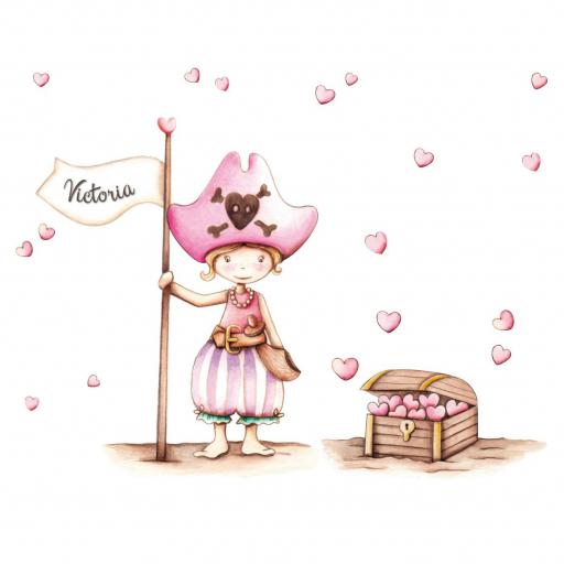 Vinilo Infantil Personalizado Niña Pirata con Nombre y Cofre de Corazones – Decoración de Pared para Habitación de Niñas [3]