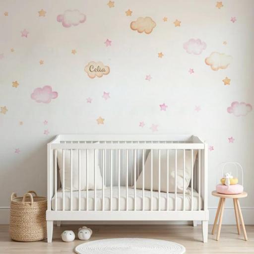 VINILO INFANTIL: Nubes y estrellas beige y rosa [2]
