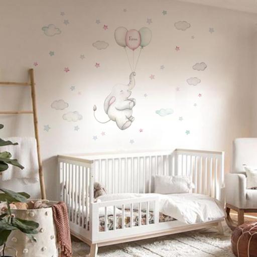 VINILO INFANTIL: Elefantita con globos, nubes y estrellas, personalizado con nombre del bebé para habitaciones infantiles de niñas [2]