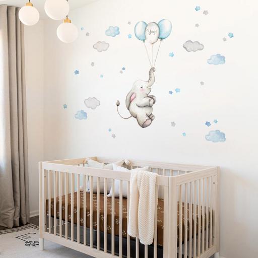 VINILO INFANTIL: Elefante con globos azules, con 7 nubes y 35 estrellas en tonos azules y grises, ideal para decorar paredes infantiles [2]