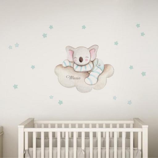 VINILO INFANTIL: Koala dormido en nube en tonos celeste pastel con 38 estrellitas azules [2]