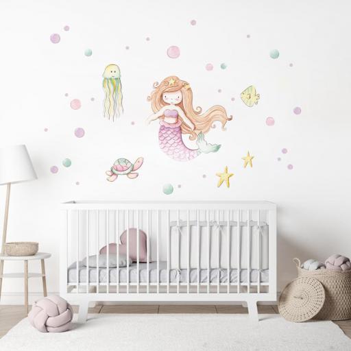 VINILO INFANTIL: Sirena con medusa, tortuga, pez, estrellas y burbujas de colores, ideal para decorar habitaciones de niñas [1]