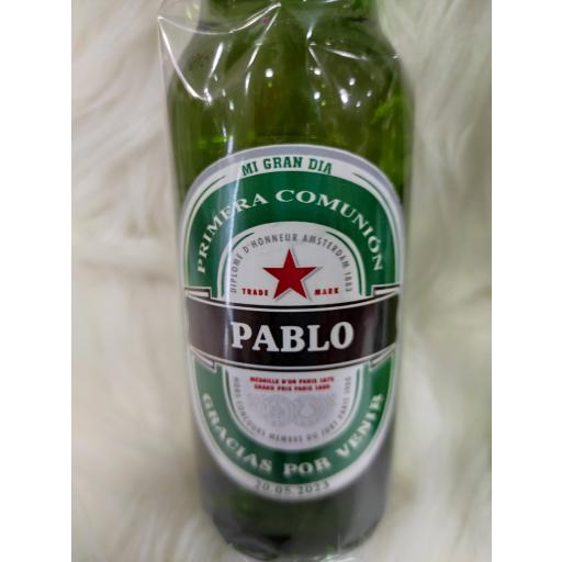 Cerveza Heineken con etiqueta y Llavero Personalizada, Tarjeta y envuelta con celofan y lazo [2]
