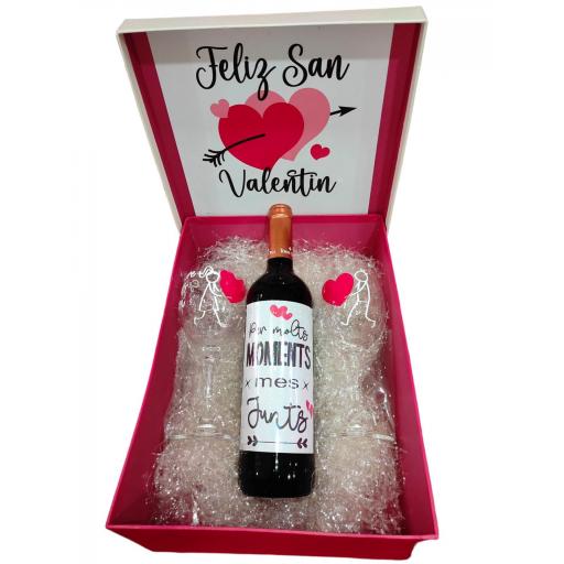 	Caja Regalo Romántico San Valentin Vino del Amor y dos copas en Valenciano