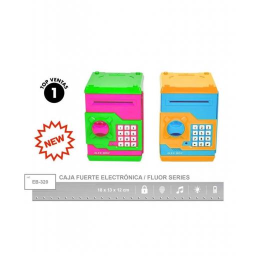 Hucha caja fuerte billetes con clave, luz y sonido, colores fluor [0]