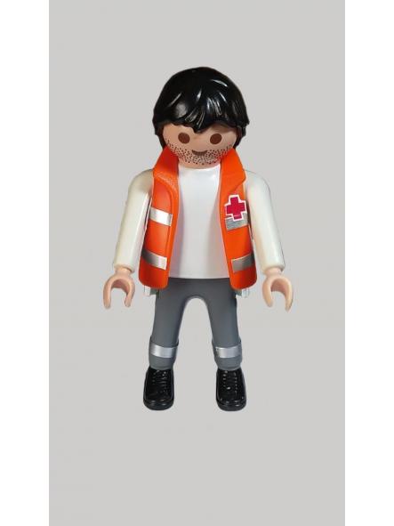 Playmobil personalizado con el uniforme de la cruz roja con pantalón gris y chaleco naranja hombre