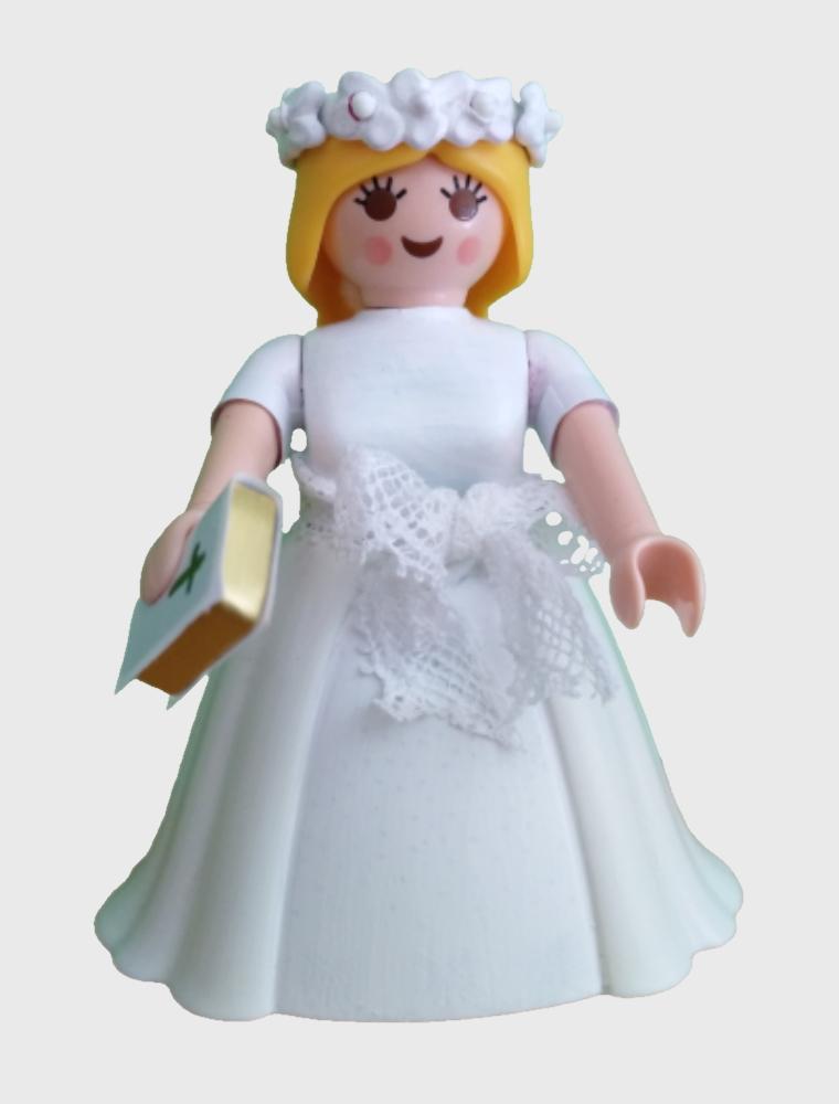 Playmobil personalizado de primera comunión modelo niña con traje y diadema de flores blancas 