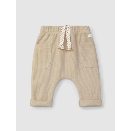 Pantalón beige de algodón orgánico con cordón decorativo [0]