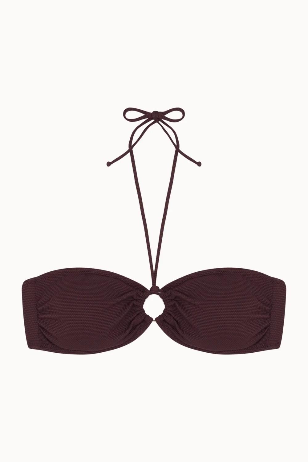 Top de bikini bandeau con aro dorado piqué chocolate
