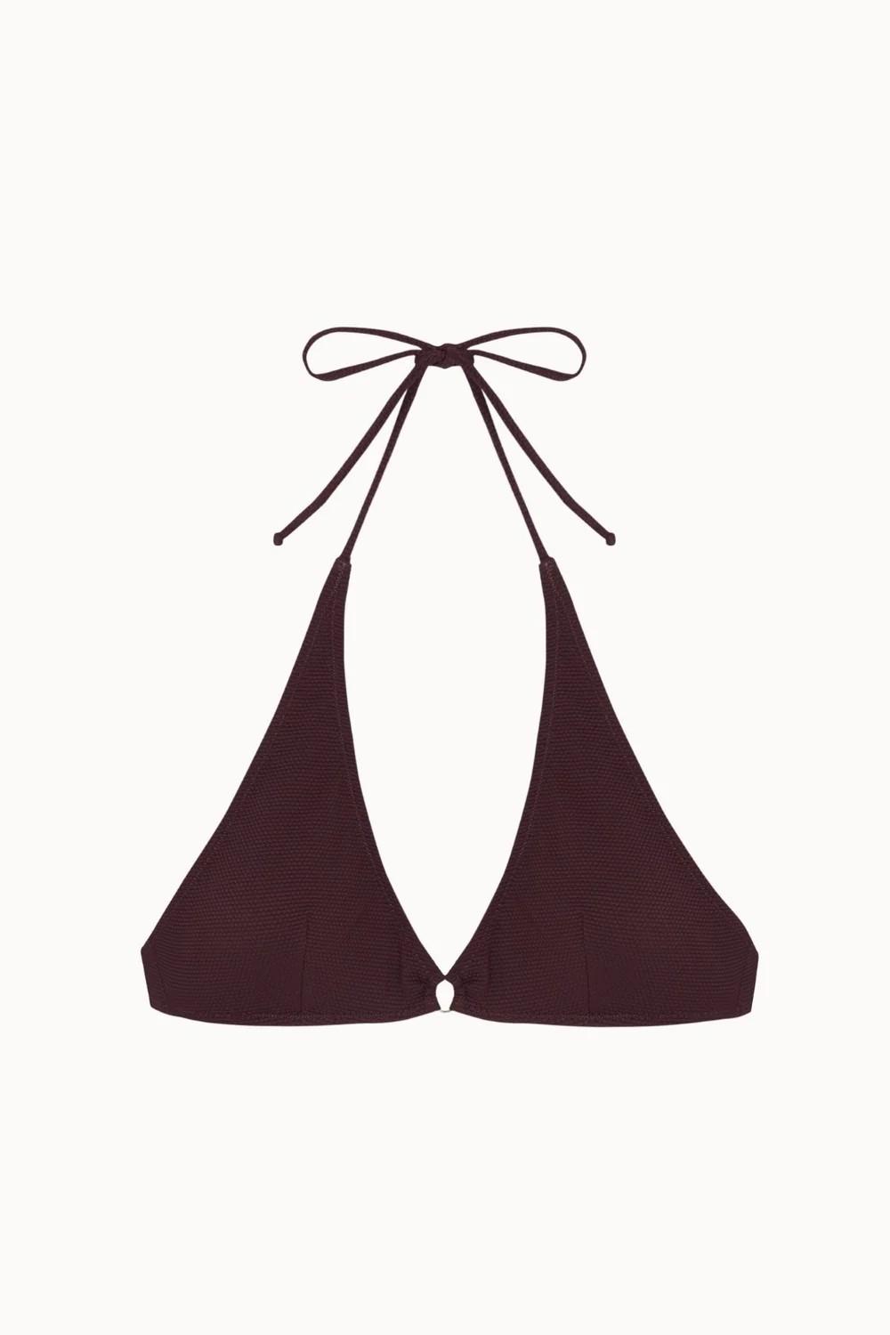 Top bikini halter piqué chocolate con aro dorado