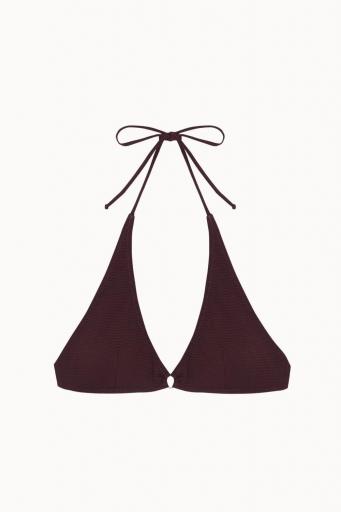 Top bikini halter piqué chocolate con aro dorado