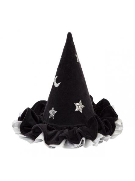 Disfraz bruja sombrero negro estrellas y luna plata
