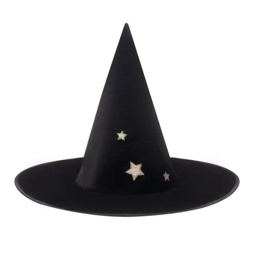 Sombrero disfraz bruja terciopelo negro con estrellas doradas