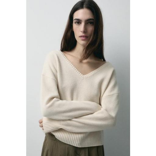 Jersey lana galga media cuello pico crop ecru [1]