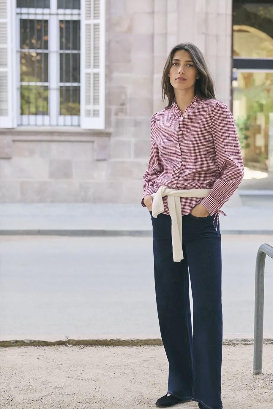 Camisa algodón vichy rojo volante manga abullonada Medine