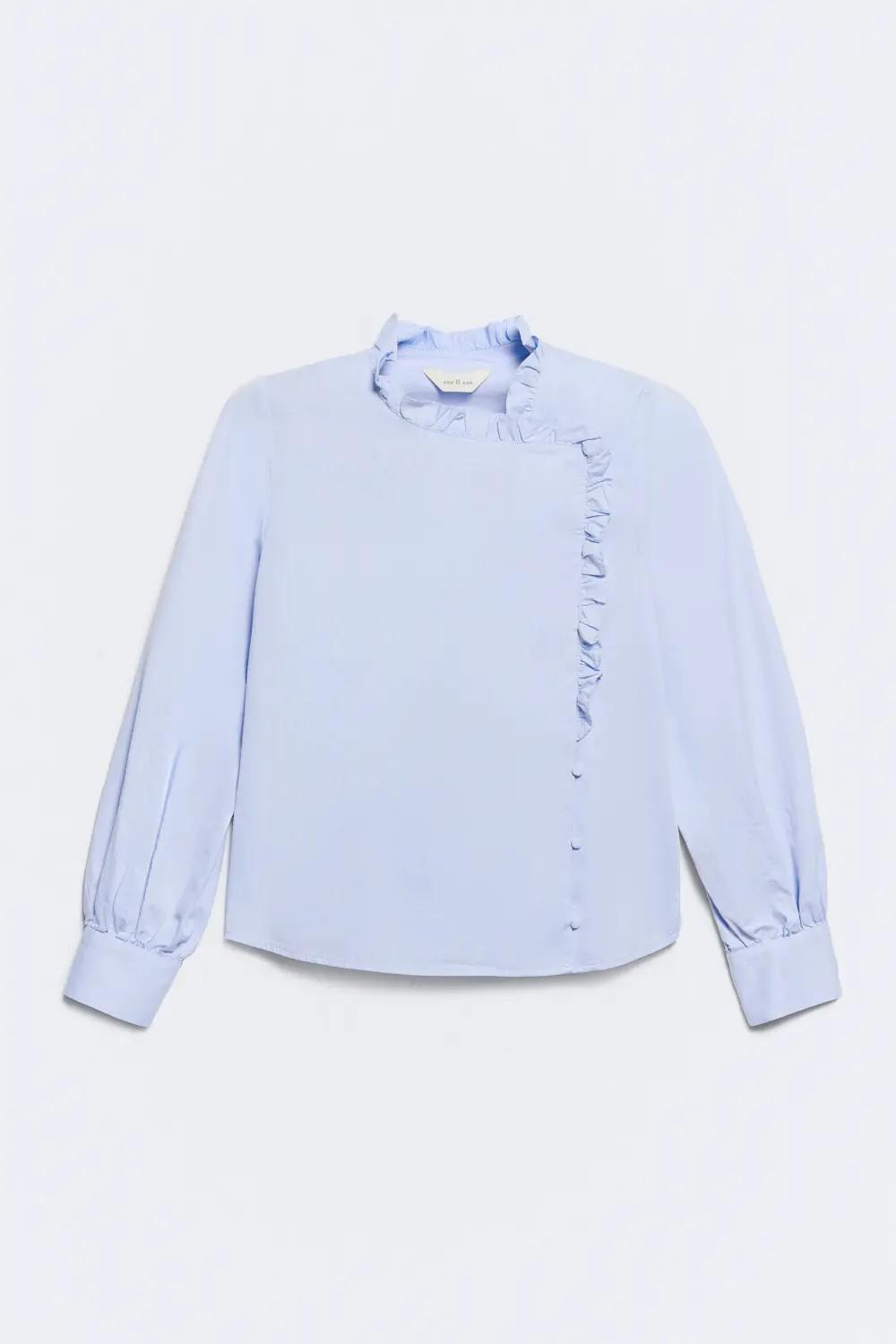 Camisa azul algodón volante cuello Josephine