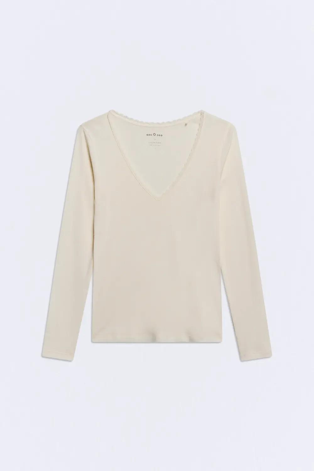 Camiseta manga larga escote pico algodón Lace color avena