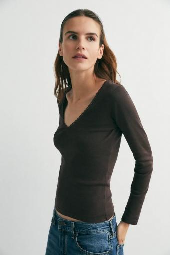 Camiseta manga larga escote pico algodón Lace color coffee [3]