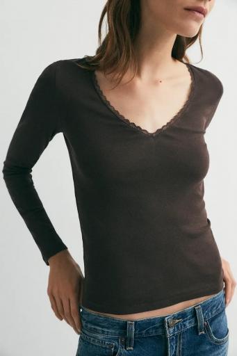 Camiseta manga larga escote pico algodón Lace color coffee [2]