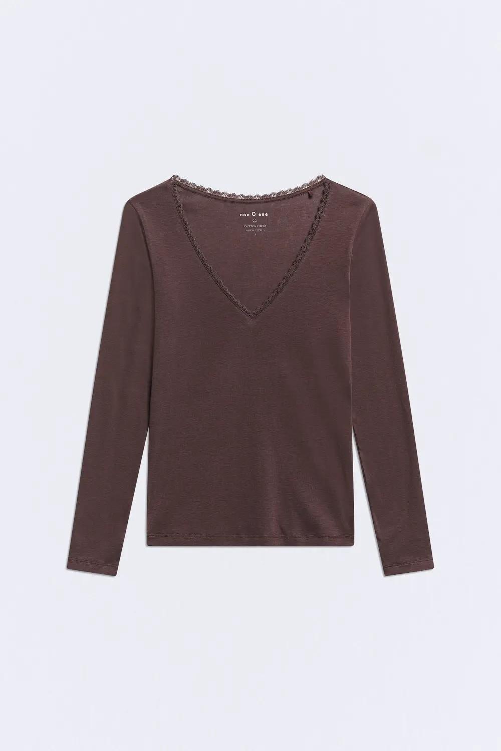 Camiseta manga larga escote pico algodón Lace color coffee