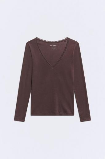 Camiseta manga larga escote pico algodón Lace color coffee