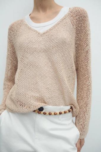 Jersey calado algodón cuello pico beige Fisher [2]