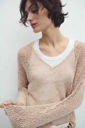 Jersey calado algodón cuello pico beige Fisher [1]