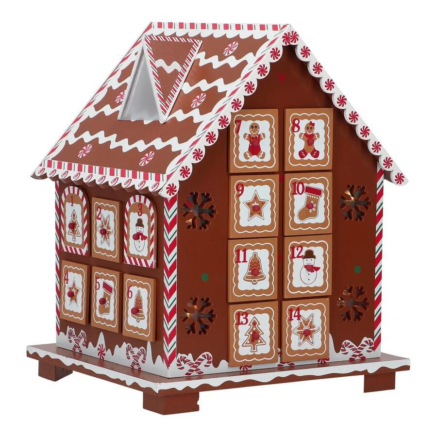 Calendario de adviento de casita de jengibre de madera con iluminación